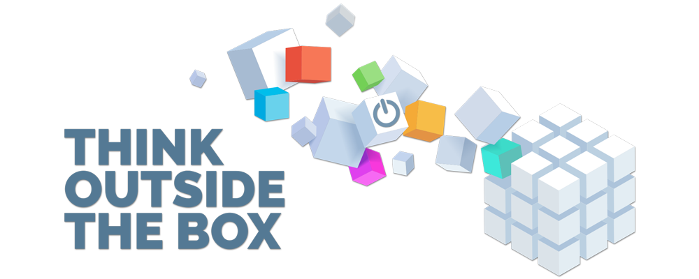 Box made out of cubes with multiple cubes floating away from box and text "THINK OUTSIDE THE BOX"